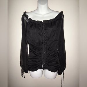 Anthropologie RYU Silk Tie Up Button up Corset Blouse Black M/L Y2K FAIRY CORE
